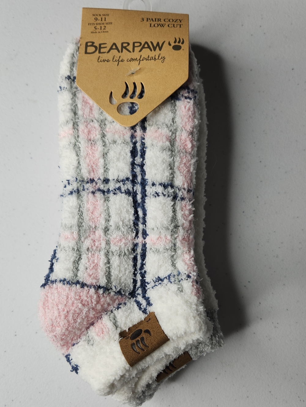 BearPaw Low-Cut Cozy Socks in White with Pink & Navy Plaid